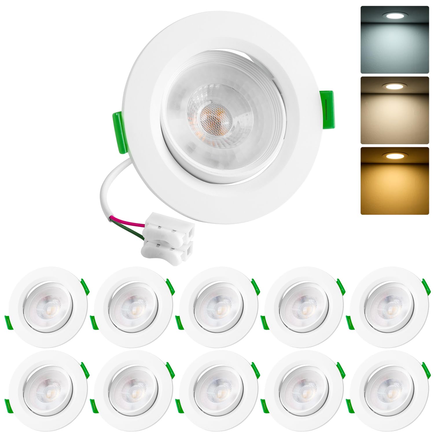 Vlio LED Downlights Rotatable Ultra Slim 5W LED Recessed Ceiling Lights Dimmable, Warm White 3000K Neutral White 4000K Cool White 6000K Adjustable, IP44 Spotlights for Bathroom Kitchen, 10 Pack