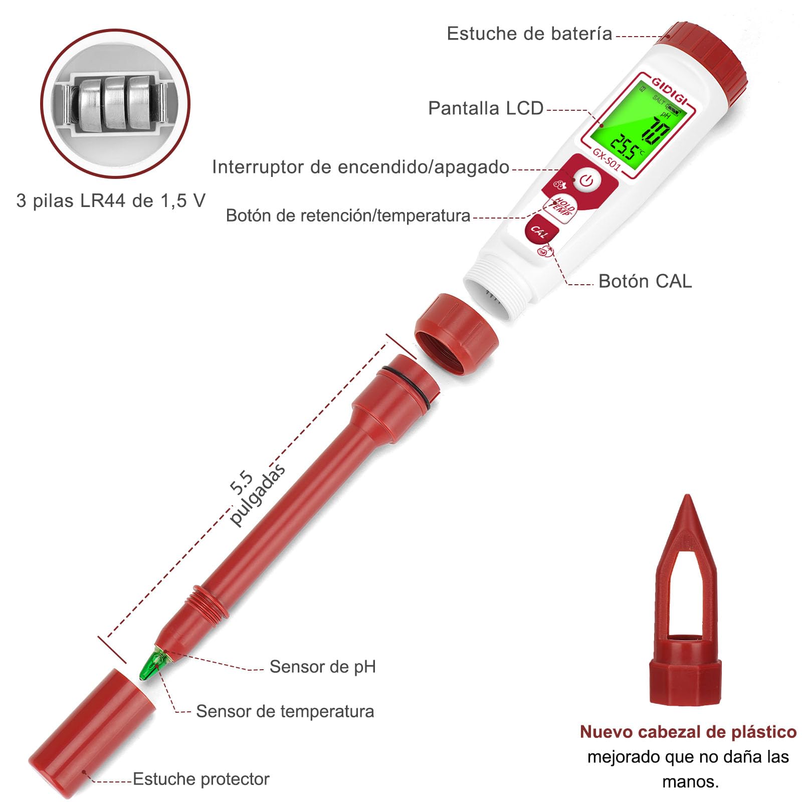 Medidor de pH y temp del suelo, pHímetro de suelo plantas en maceta