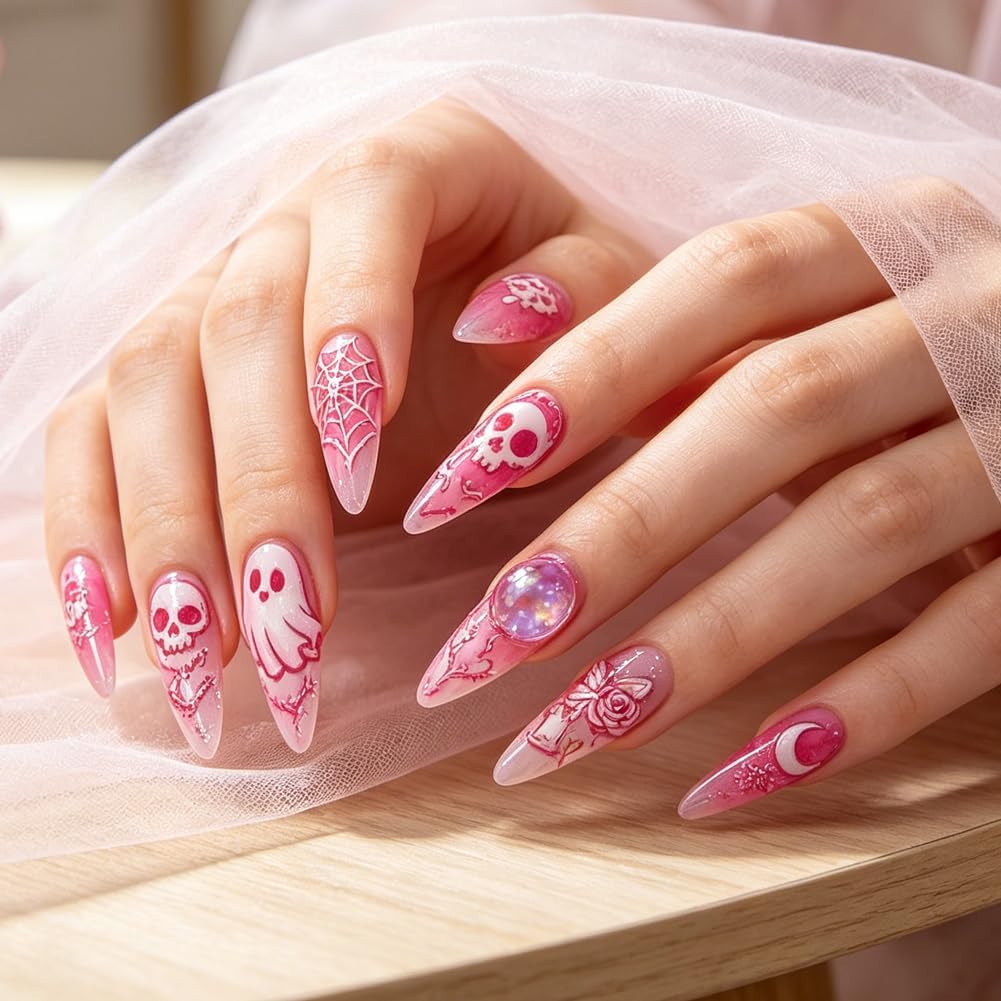 PH PandaHall 3pcs Skull Ghost Nail Stamping Plates, Spooky Gothic Nail Art Stencils Spider Web Rose Nails Art Templates Stainless Steel Image Plates for DIY Print Manicures Salon Design Halloween