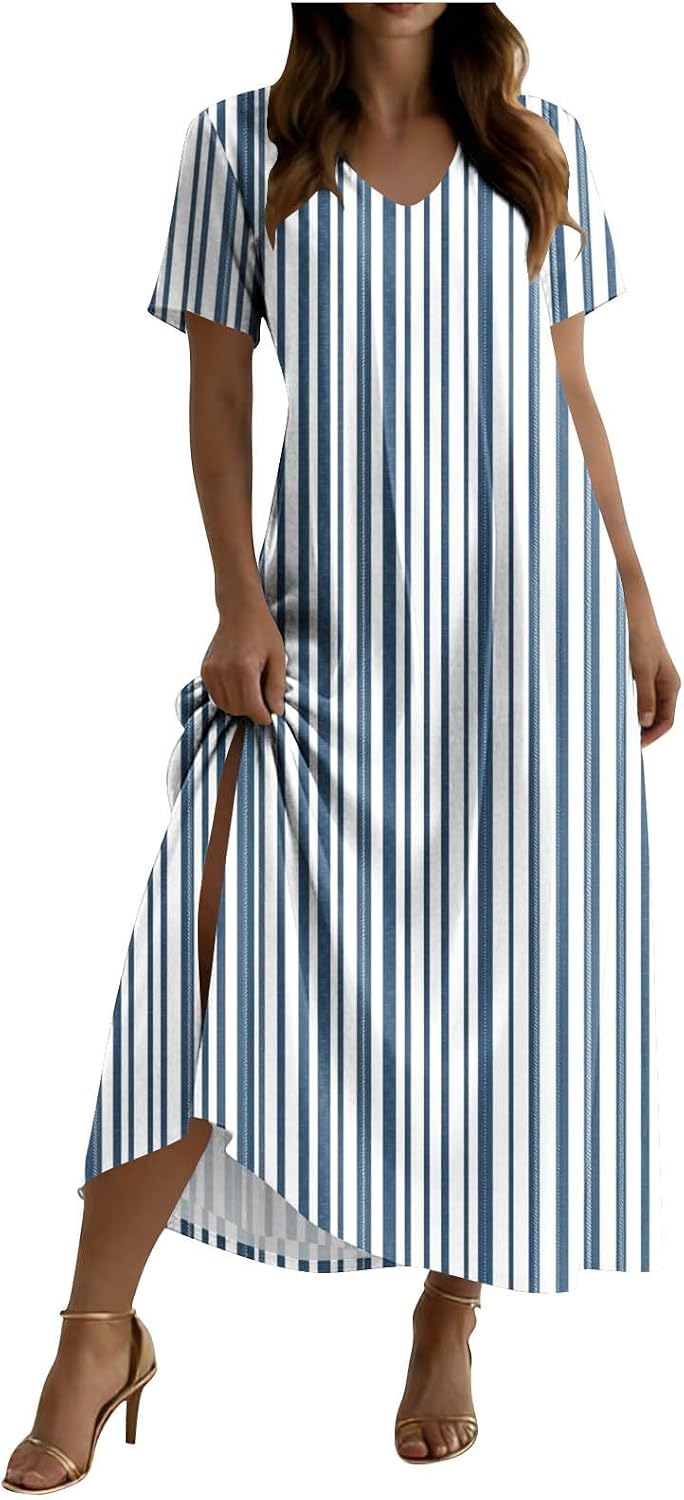Women Boho Style Long Tshirt Dress, Summer Floral Print Beach Tunic Dresses V Neck Short Sleeve Sundress Beachwear