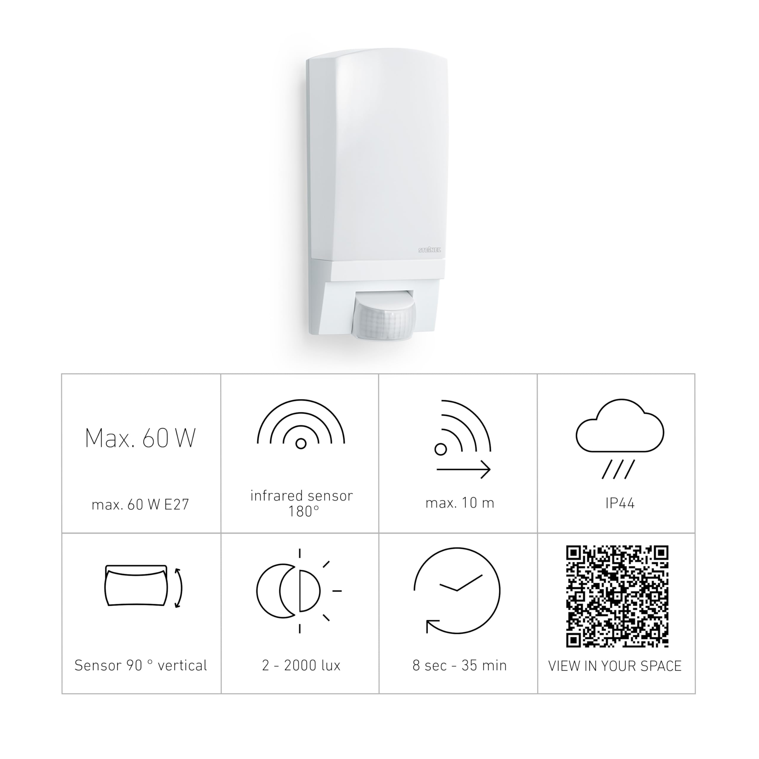 Steinel Kinkiet L 1 S biały, z numerem domu, E 27, maks. 60 W, kinkiet zewnętrzny, czujnik ruchu 180°, zasięg 10 m