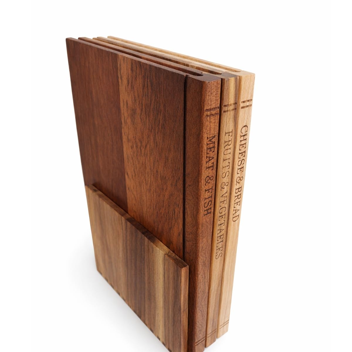 3-teiliges Buch-Schneidebrett-Set für Küche, 100% Akazienholz mit Ständer, Dekorative Holz-Schneidebretter ideal als Geschenk für Mama, Einzug, Geburtstag – 33×25,5×2 cm