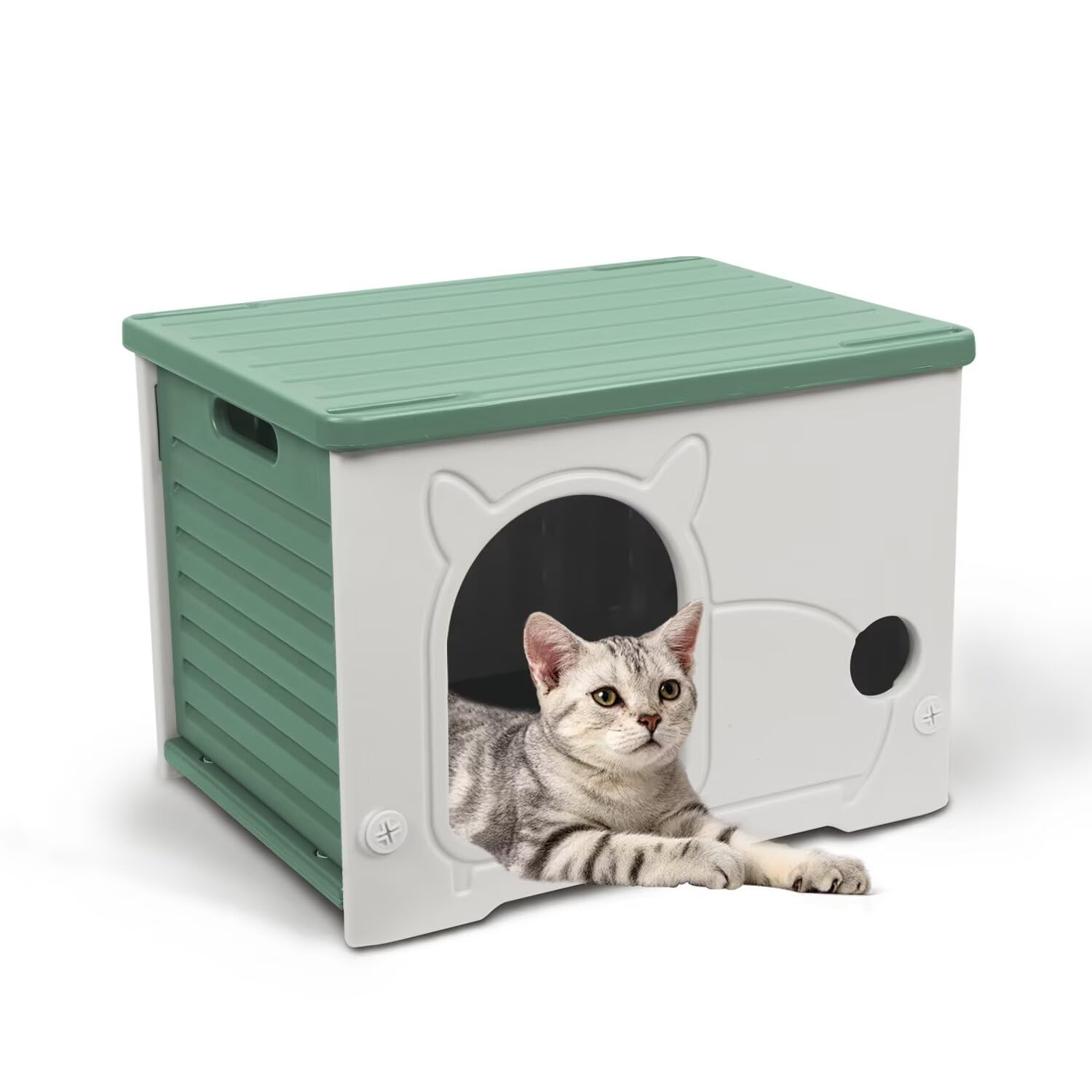 Pempet Plastic Outdoor Cat House Waterproof Feral Cat Shelter (Green)