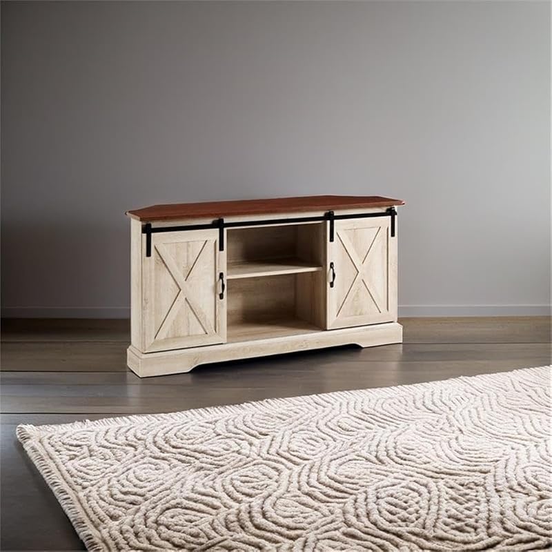 Pemberly Row Traditional Wood Corner TV Stand for TVs up to 52" with Sliding Barn Doors, 3 Adjustable Shelves, Cord Management Ports, for Living Room, in White Oak Finish image 6