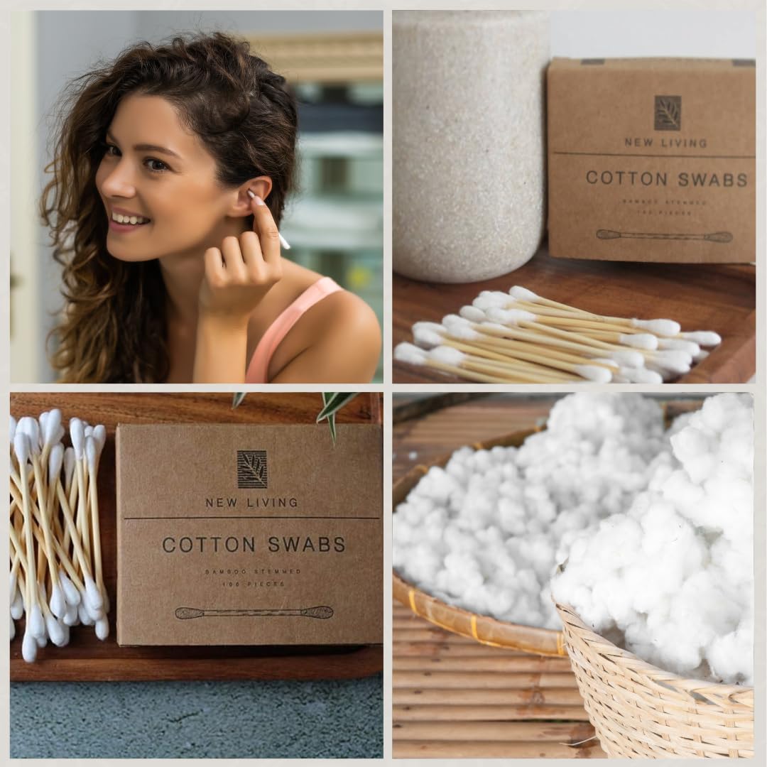 500 cotons-tiges en bambou | Biodégradables et compostables | Produit écologique | 5 x 100 paquets | Biodégradables et compostables | Cotons-tiges en coton avec poignée en bambou |