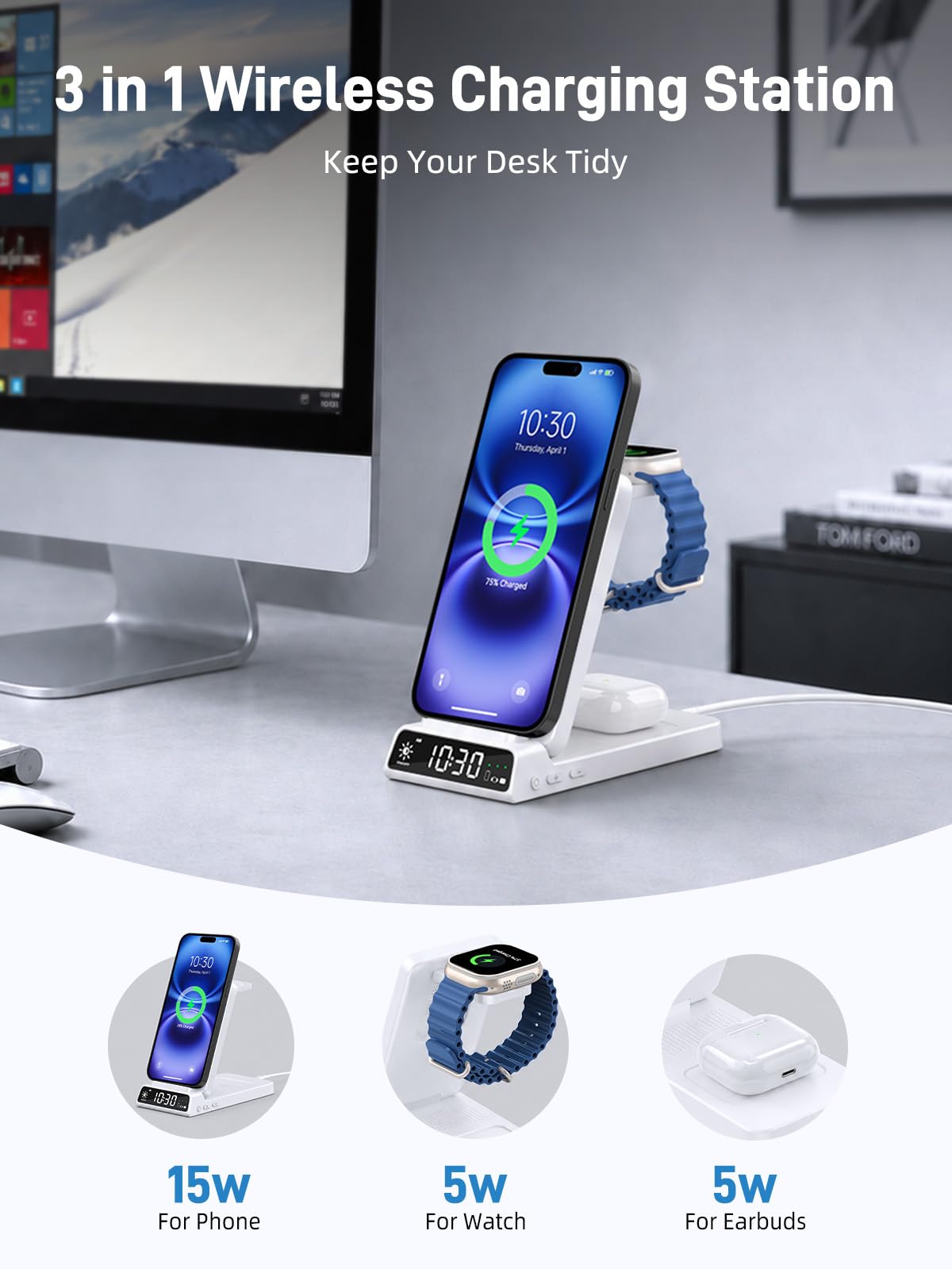 3-w-1 bezprzewodowa stacja ładująca dla Apple, składana magnetyczna stacja ładująca dla iPhone 17e/17 Pro Max/16 /Pixel 10/Samsung S26, stacja ładująca z zegarkiem dla Apple Watch 10/Ultra/9