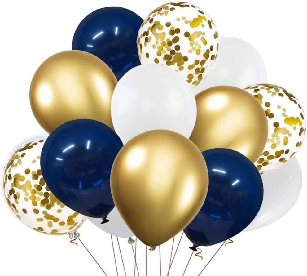Navy Blue and Gold Confetti Balloons,60 pcs 12 inch Pearl White and Gold Metallic Chrome Birthday Balloons for Bridal Shower,Wedding,Engagement,Baby Shower,1st Boys Birthday,2021 Graduation Supplies