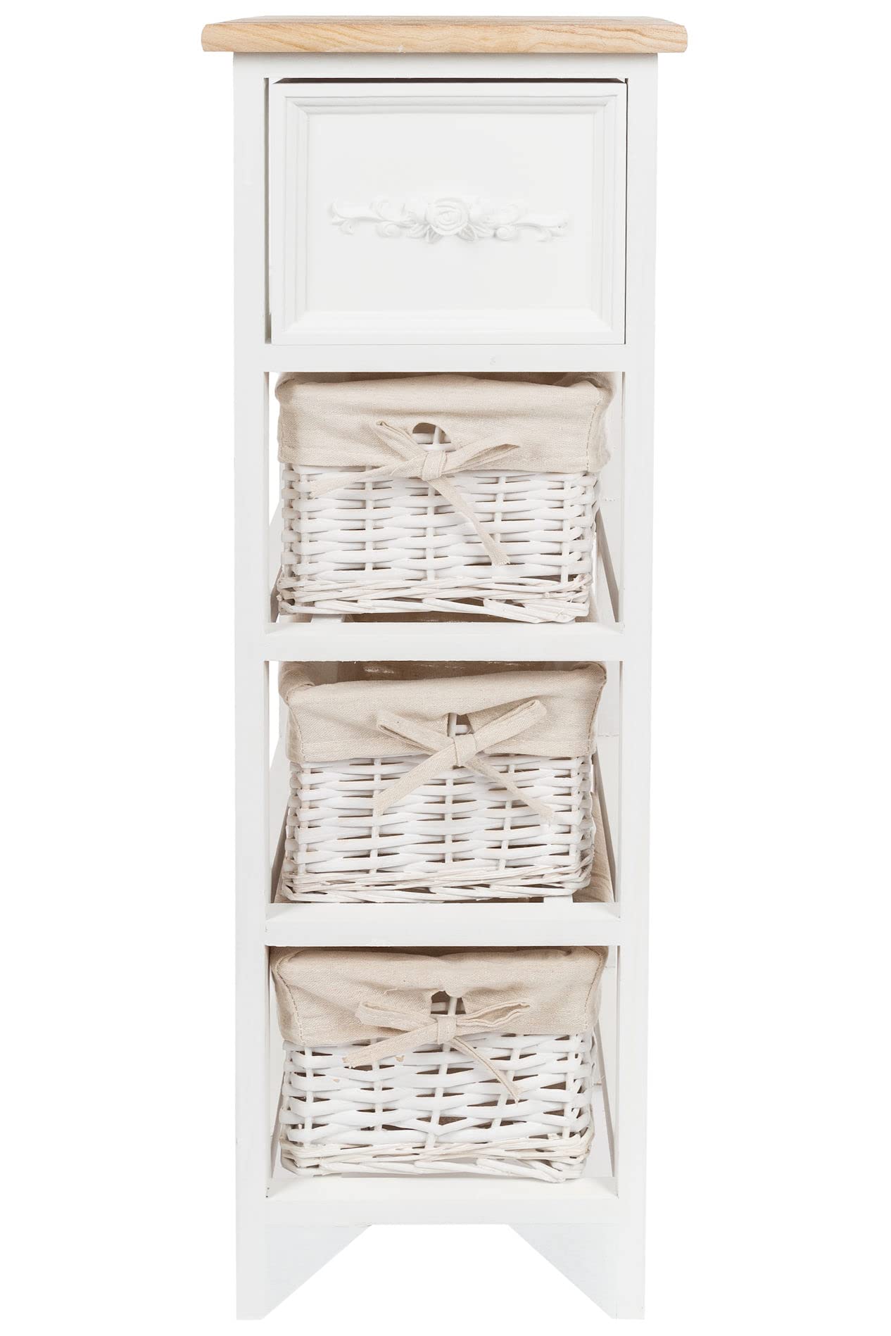 Commode Vintage en Bois Blanc avec 3 paniers en rotin - 80 x 32 cm - Étagère sur Pied avec tiroir de Style Maison de Campagne - Étagère Autonome pour Salle de Bain, Salon, véranda