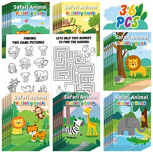 Sinmoe 36 Pcs Safari Animals Mini Activity Books for Kids Coloring Drawing Books Set with Lion Tiger Giraffe Patterns DIY Game Party Favors Fun Classroom Gifts Goody Filler Back to School Supplies