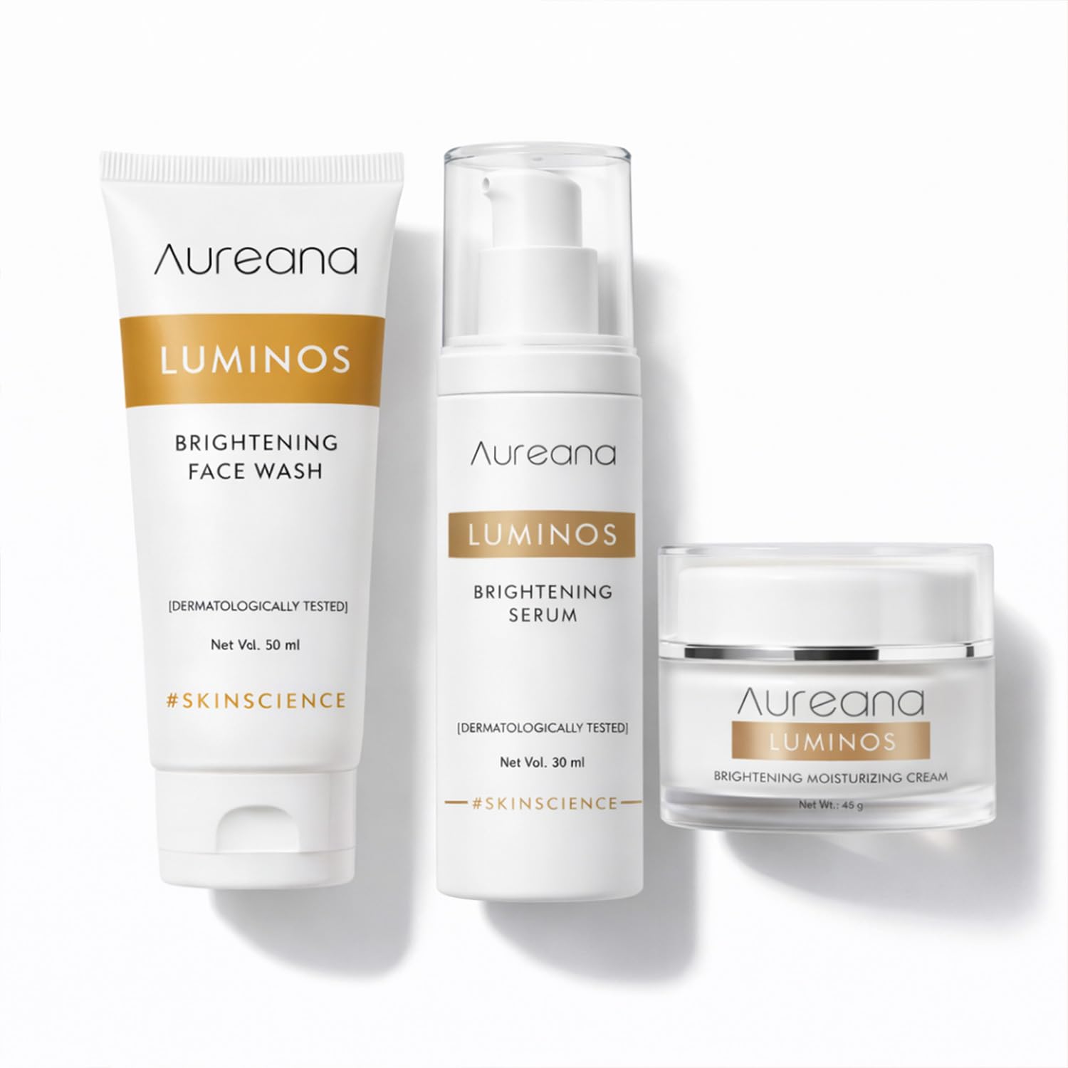 Aureana Luminos Brightening, With Niacinamide, Alpha Arbutin & Allantoin | Reduces Pigmentation & Inflammation Enhances Glow & Deeply Hydrates | 100% Veg, Sulphate-Free, Paraben-Free | Hypoallergenic & Dermatologically Tested (Facewash+Serum+Moisturizer)-image-11