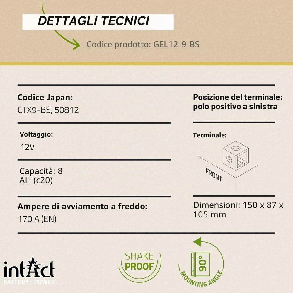 intAct - BATTERIA GEL PER MOTOCICLI Bike-Power GEL12-9-BS. Sostituisce YTX9, YTX9-BS. Batteria per moto 12V 8Ah 170A. Dimensioni: 150x87x105 mm. Con una potenza di avviamento superiore del 30%.