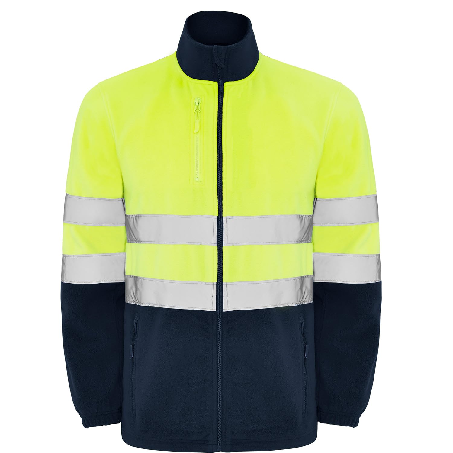 Chaqueta polar alta visibilidad adulto con cintas reflectantes, cremallera completa, bolsillos frontales y pecho, 100% poliéster