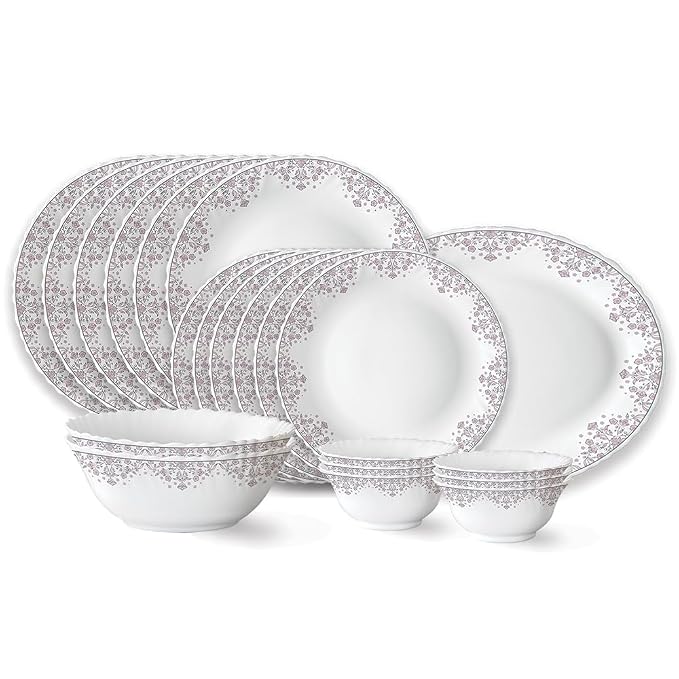 Larah by Borosil Lark Fluted Series Opalware Dinner Set | 21 Pieces for Family of 6 | Microwave & Dishwasher Safe | Bone-Ash Free | Crockery Set for Dining & Gifting | Plates & Bowls | White