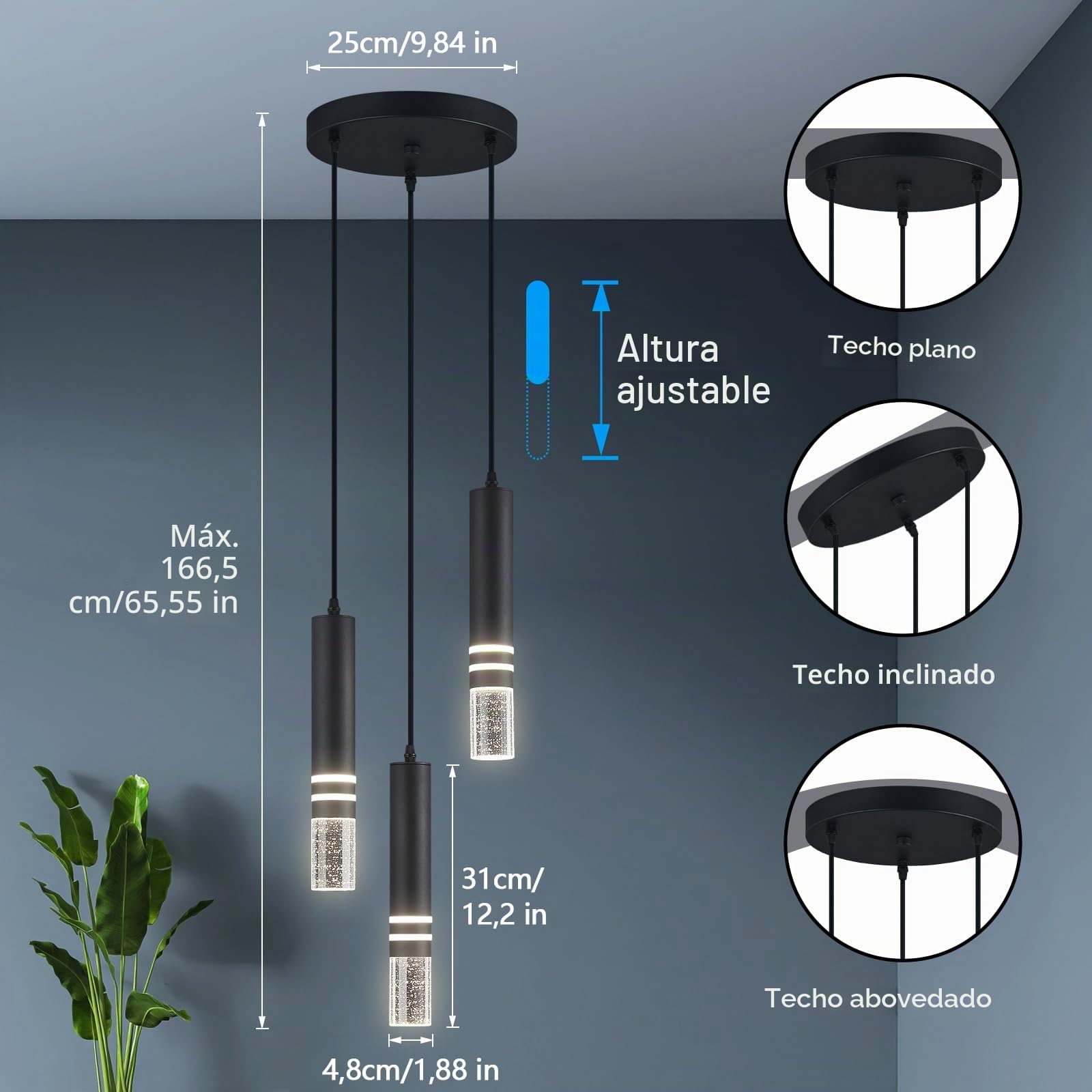 Moderno cristal colgante luz led negro colgante luz mini cocina isla suspensión iluminación para el dormitorio, el comedor y la Sala de estar (3-luz)