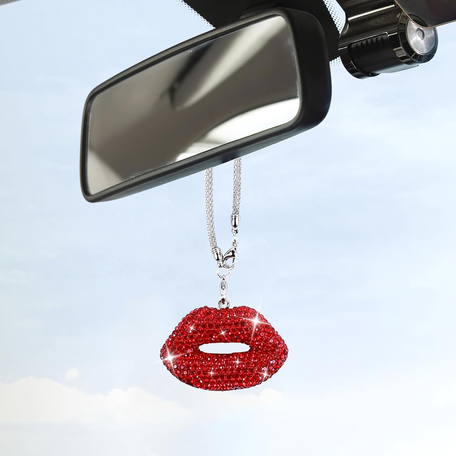 Bling Lip Car Hanging Accessories for Women, Diamond Lips Rear View Mirror Hanging Ornament for Cars, Crystal Rhinestone Lucky Car Charms, Vehicle Interior Pendant Decoration (Red)