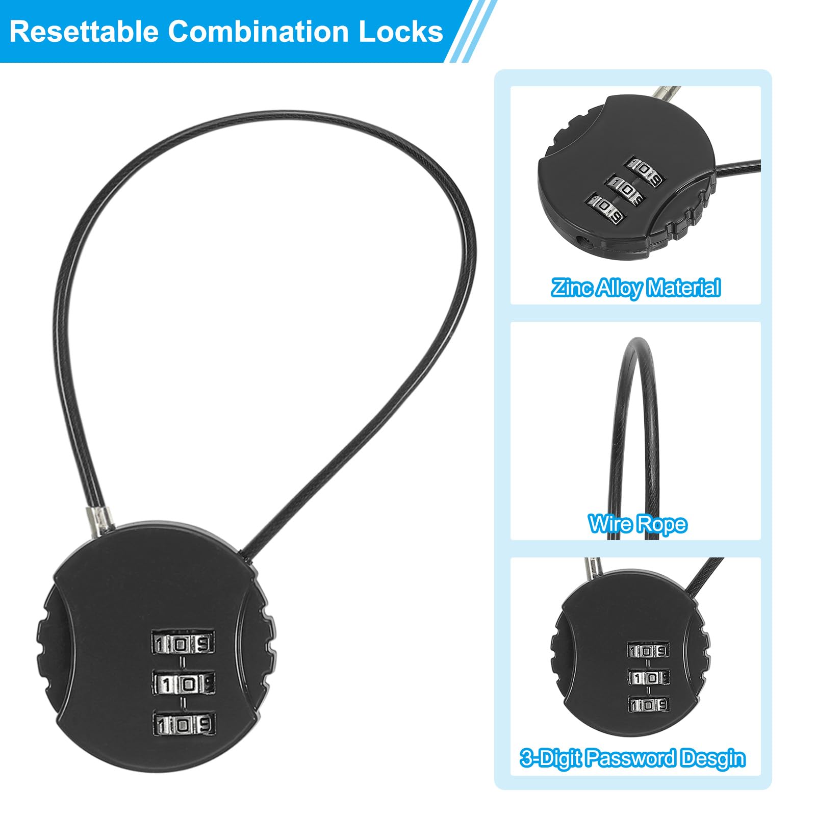 PATIKIL 2 Pack 3 Digit Combination Lock,Round Helmet Padlock Cable Lock Gym Locker Lock with 0.44Ft Flexible Security Steel Lock Wire for Bike Locker Travel Luggage Black - Image 3