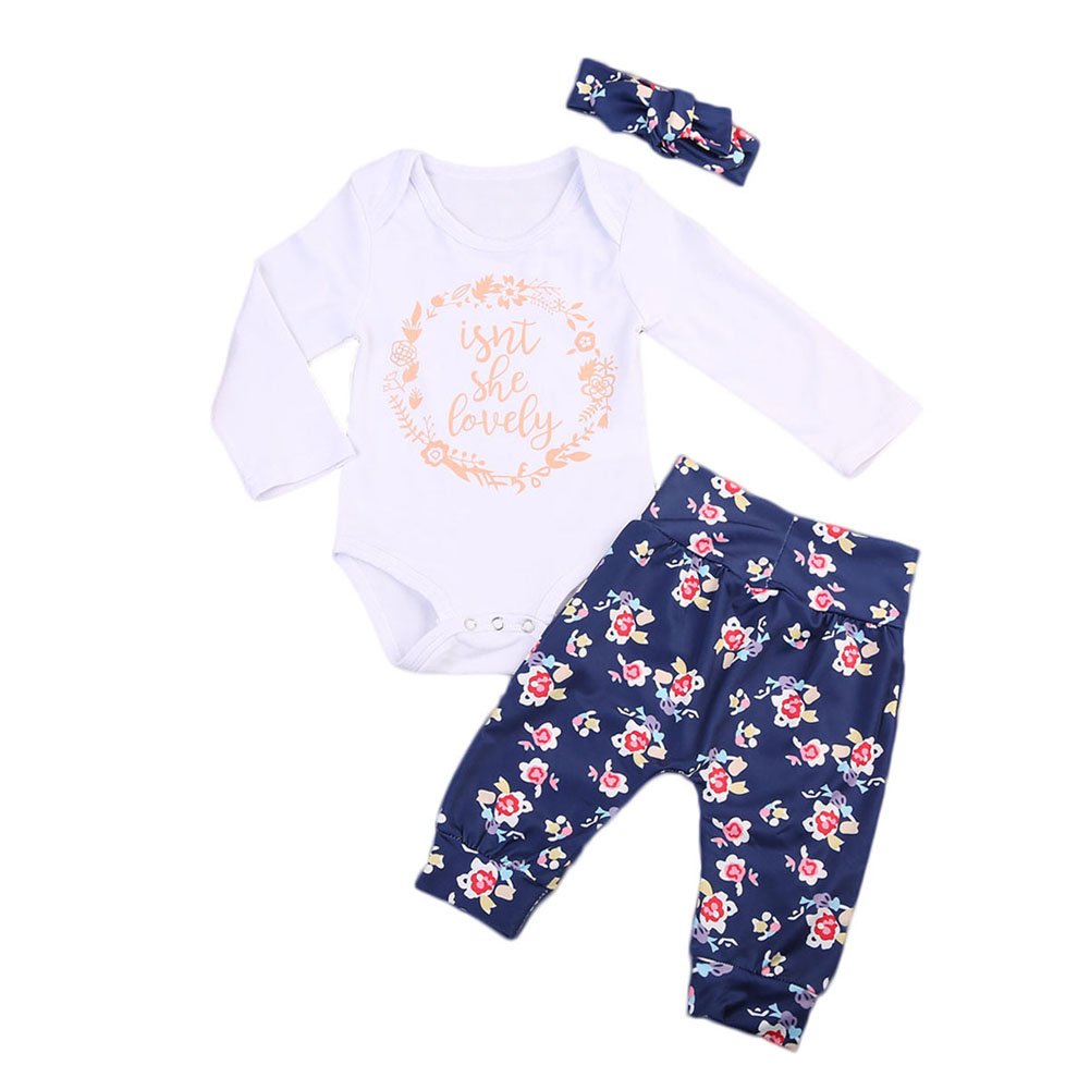 Baby Girls Long Sleeve Isn't She Lovely Romper Floral Pants with Headband Outfits Set 3Pcs (6-12 Months, White+Navy Blue)