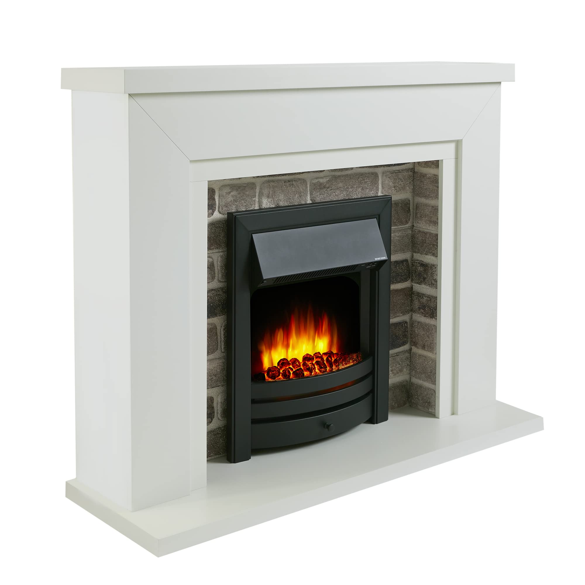 Endeavour Fires Flamborough 48” Electric Fireplace Suite with Surround, Realistic Flame Effect, 1–2kW Eco Heater, 7-Day Programmable Remote & 3D Brick Back Panel (White Top/Black Fire)