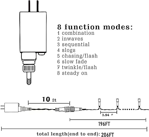 Vista 30 de TW SHINE Luces de Navidad, 200 luces LED de 66 pies para exteriores enchufables con 8 modos, luz impermeable para exteriores, decoraciones de Blanco