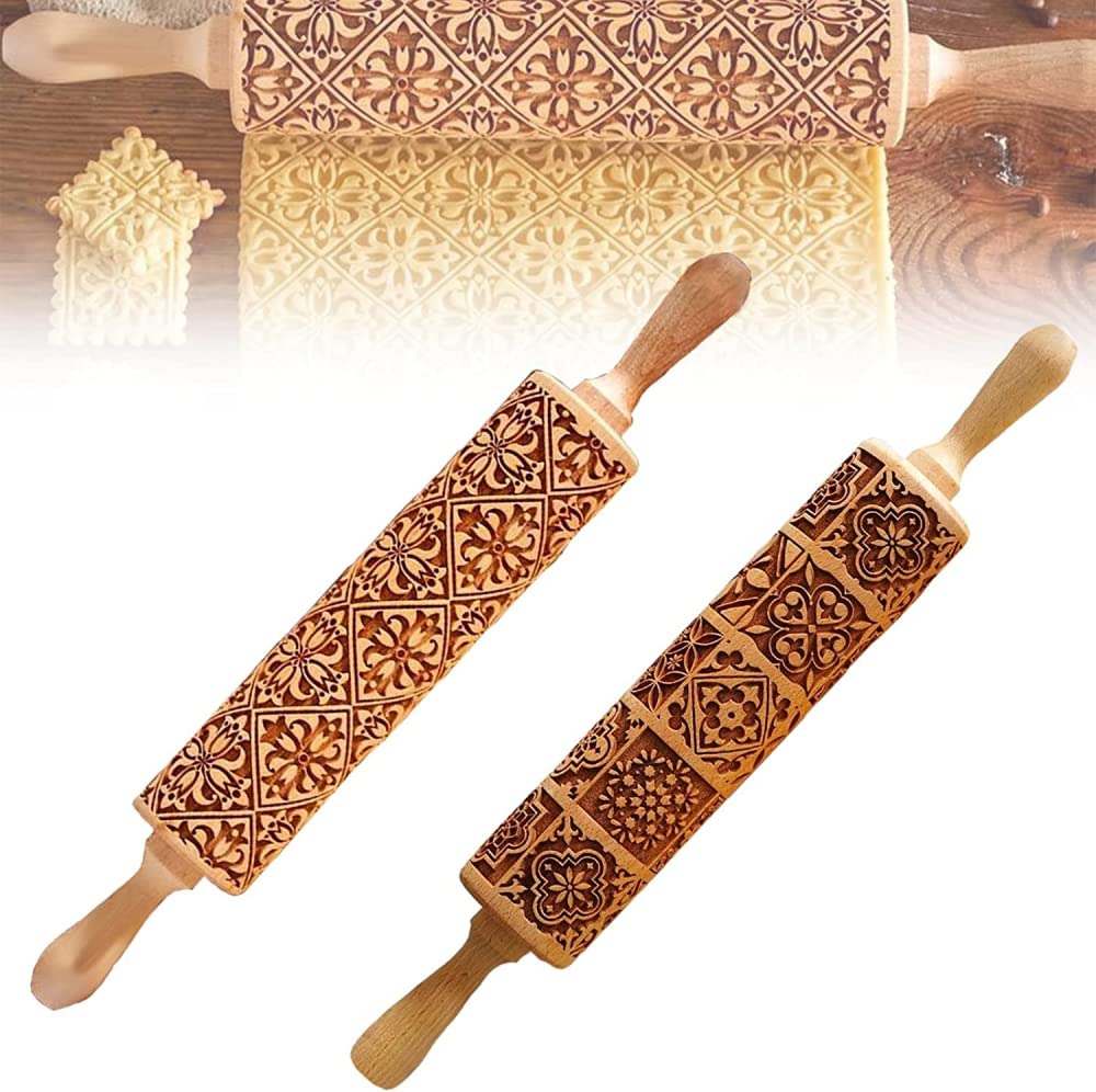 Rodillo de Madera para Hornear Repujado, Rodillo de Sello de Galletas, Cuadrado, Molde de Galletas, Herramientas de decoración de Cocina (2 Piezas)