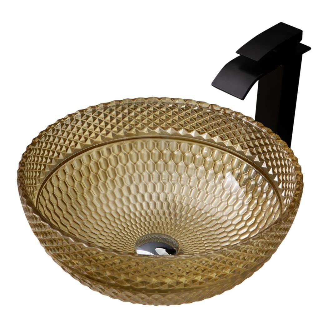 SBCGFY Vessel Sinks, Vessel Sink Glass Bathroom Vessel Sink Above Counter Bathroom Sink Bowl Shape Bathroom Vanity Sink Tops With Drain Combo,Geel-With Faucet