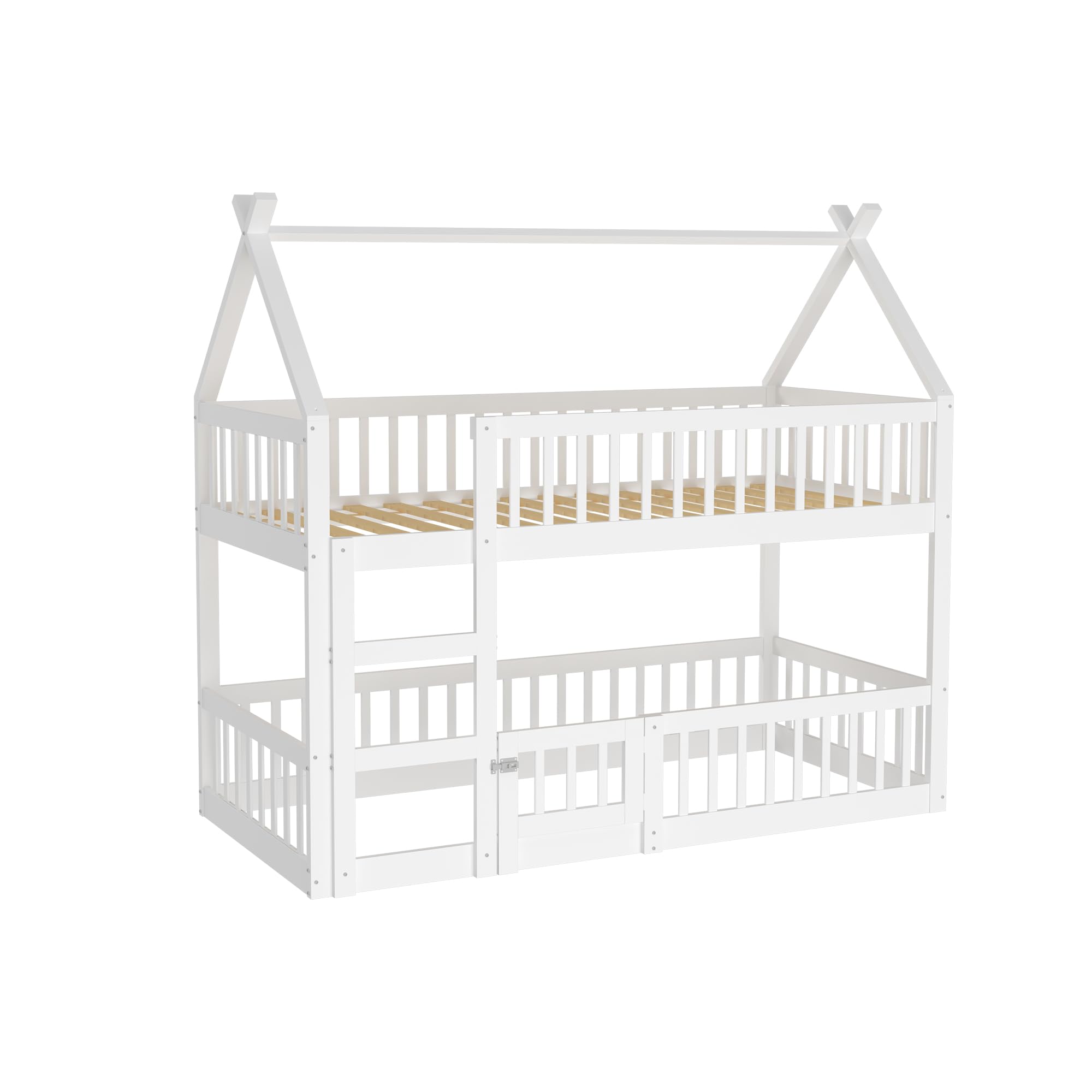 Etagenbett für 2 Kinder, 90x200 cm Kinderbett Bodenbett Hausbett mit Rausfallschutz und Lattenrost,Vollschutzgitter und Türen, Massivholz Doppelbett Stockbett Gitterbett Jugendbett,Ohne Matratze,Weiß
