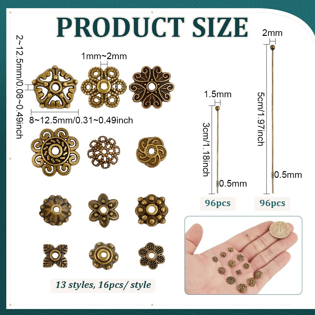 PH PandaHall 208pcs Ball Pins with Spacer Beads Kit Flower Bead Caps Head Pin for Jewelry Making Brass Ball Pins with Flower Spacer Beads for Earring Bracelet Necklace Pendant DIY Crafts