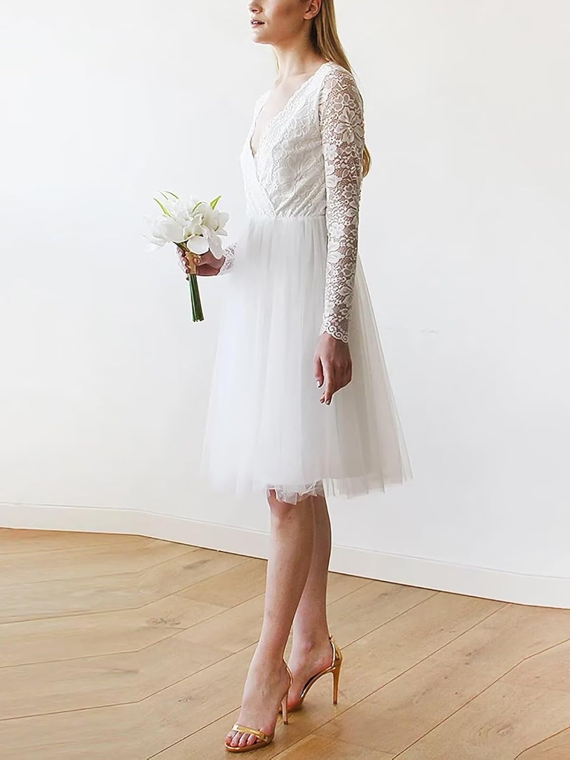 Long Sleeve Wedding Dresses for Bride Tea Length Tulle Lace Satin A Line Bridal Dress for Women - Image 2