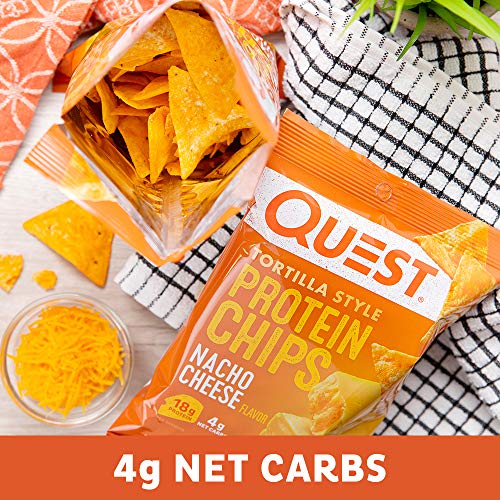 Image of Quest Nutrition Protein Tortilla Chips, Nacho Cheese, 18g Protein, 4g Net Carbs, 150 Calories, Low Carb, Gluten Free, Soy Free, Potato Free, Baked, 1.1oz Bag, Single Sample