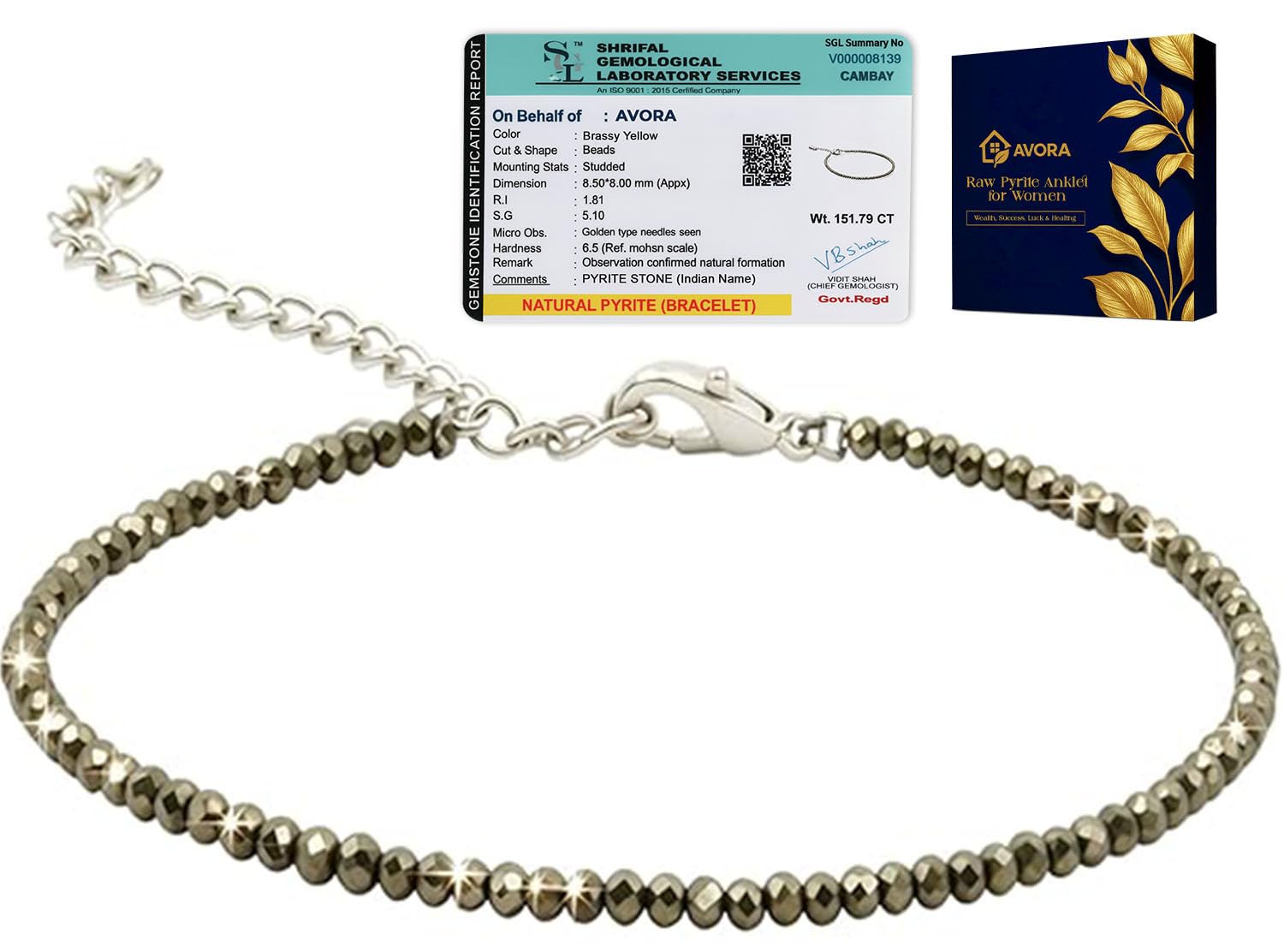 AVORA Raw Pyrite Anklet for Women | Natural Stone Jewellery for Wealth, Luck & Protection | Certified Pyrite Crystal Payal | Spiritual Healing Jewellery Gift for Girls & Women