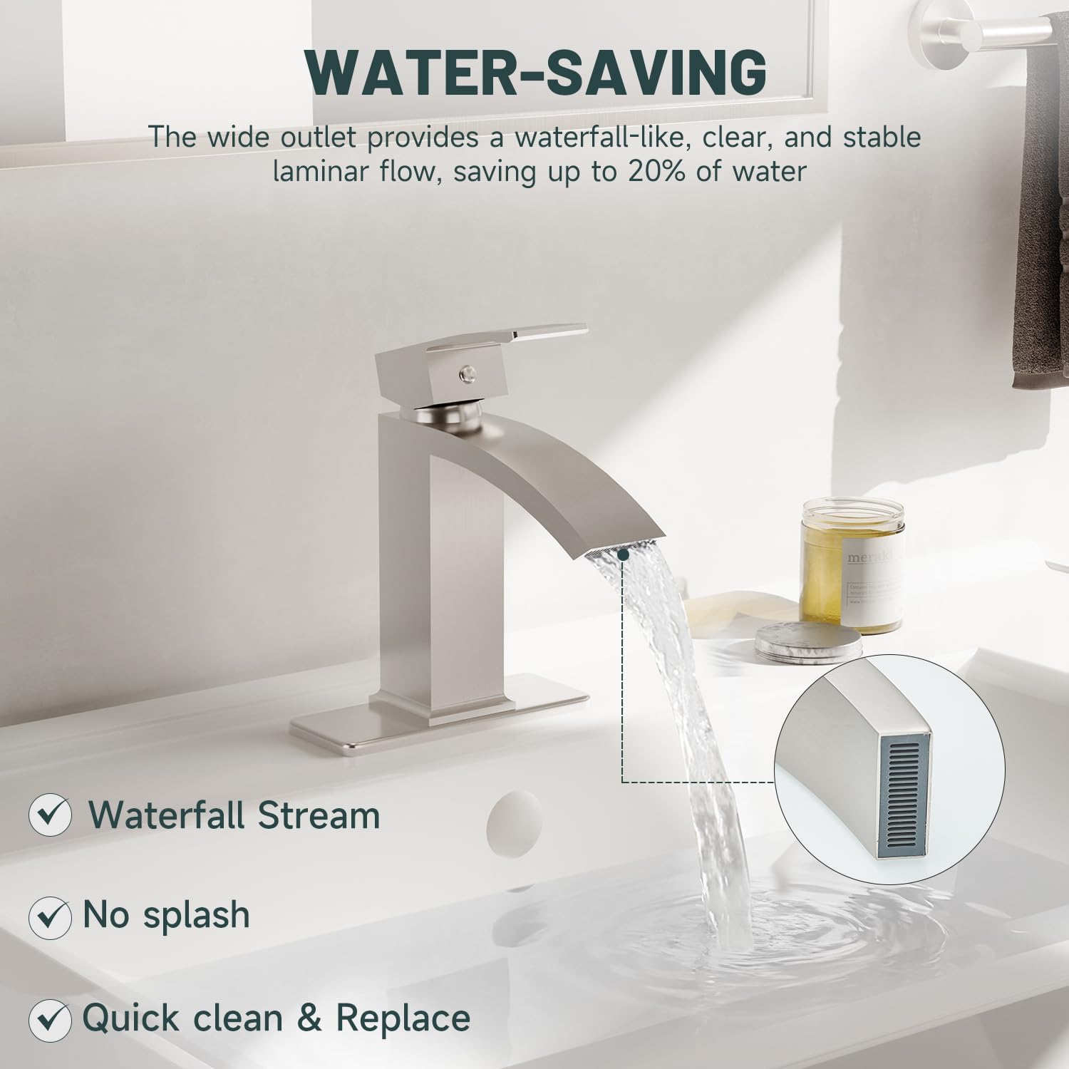 Brushed Nickel Bathroom Sink Faucet, Greenspring Waterfall Bathroom Faucets,1 Hole Single Handle Brass Modern Commercial Bathroom Faucet with Pop Up Drain and Supply Line