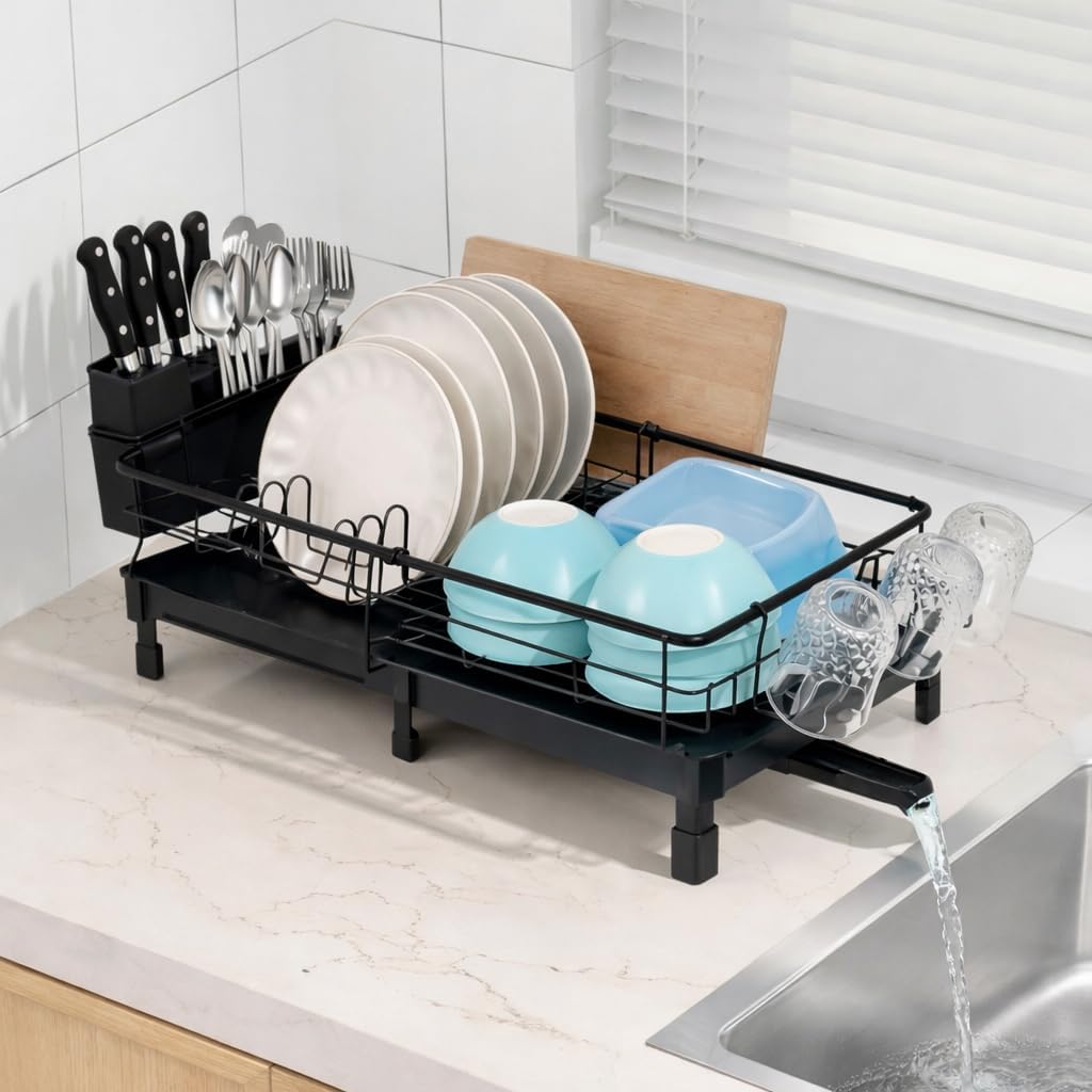 Expandable Black Carbon Steel Dish Drainer Rack - Large Dish Drying Rack for Kitchen Counter with Drain Board - Multfunctional Kitchen Drying Rack with Utensil Holder and Cup Holder (11.8'' - 20.8'')