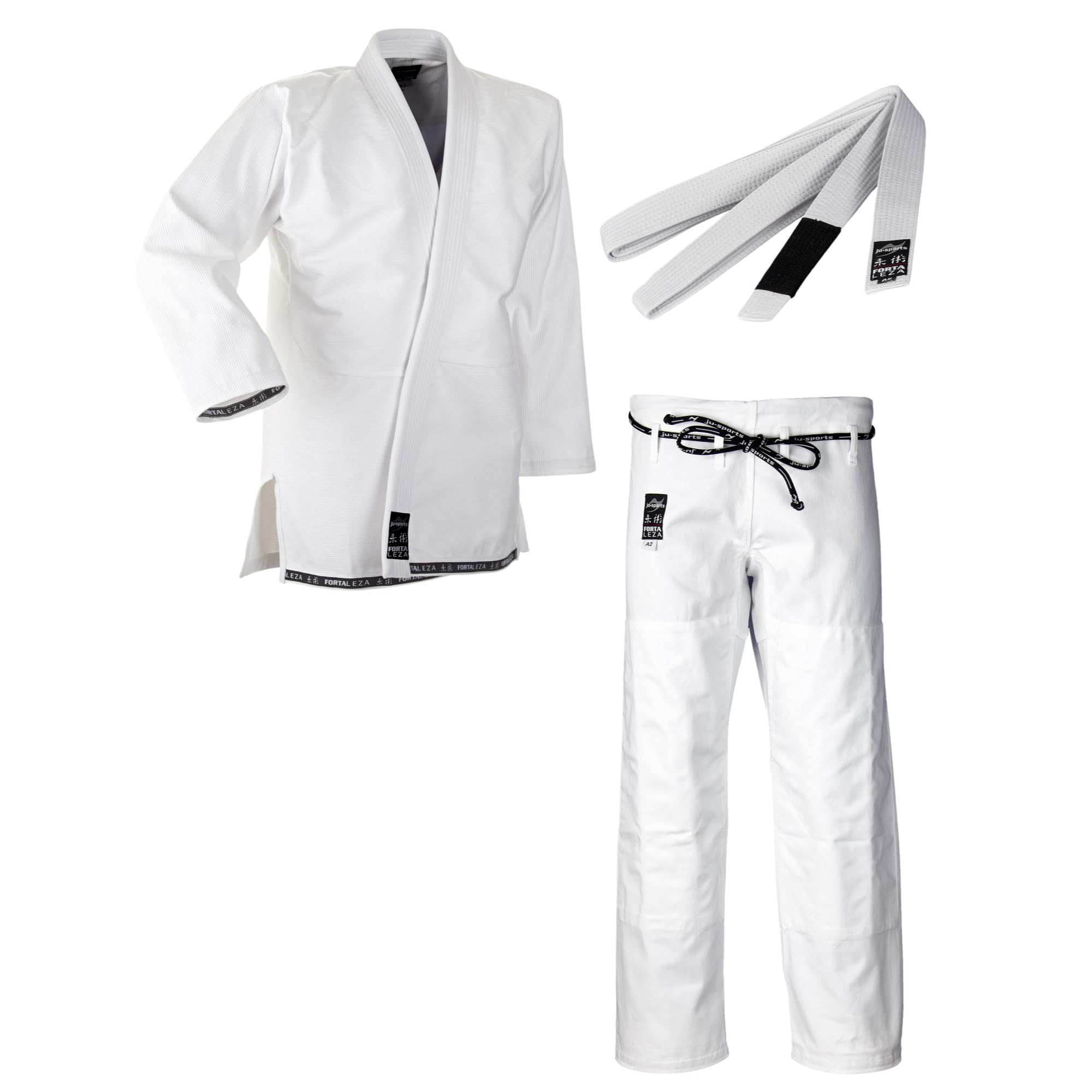 Ju-Sports Fortaleza BJJ Gi Herren weiß + BJJ Gürtel weiß - Leichter & schlank geschnittener Brazilian Jujutsu Anzug für Einsteiger 100% Baumwolle, Verstärkter Kniebereich