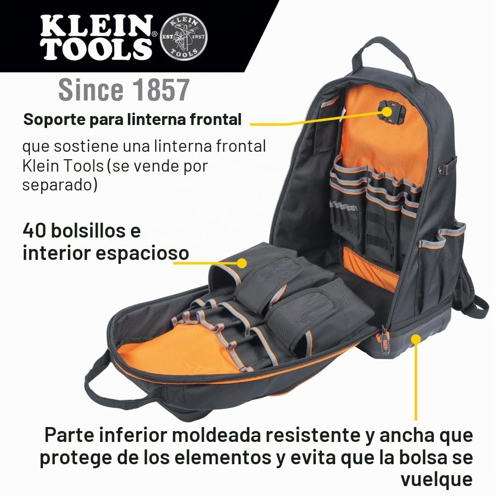 Klein Tools Tradesman Pro 62800BP - Mochila para herramientas (tamaño XL, 40 bolsillos), diseño de electricista, con fondo fundido, puerto de carga