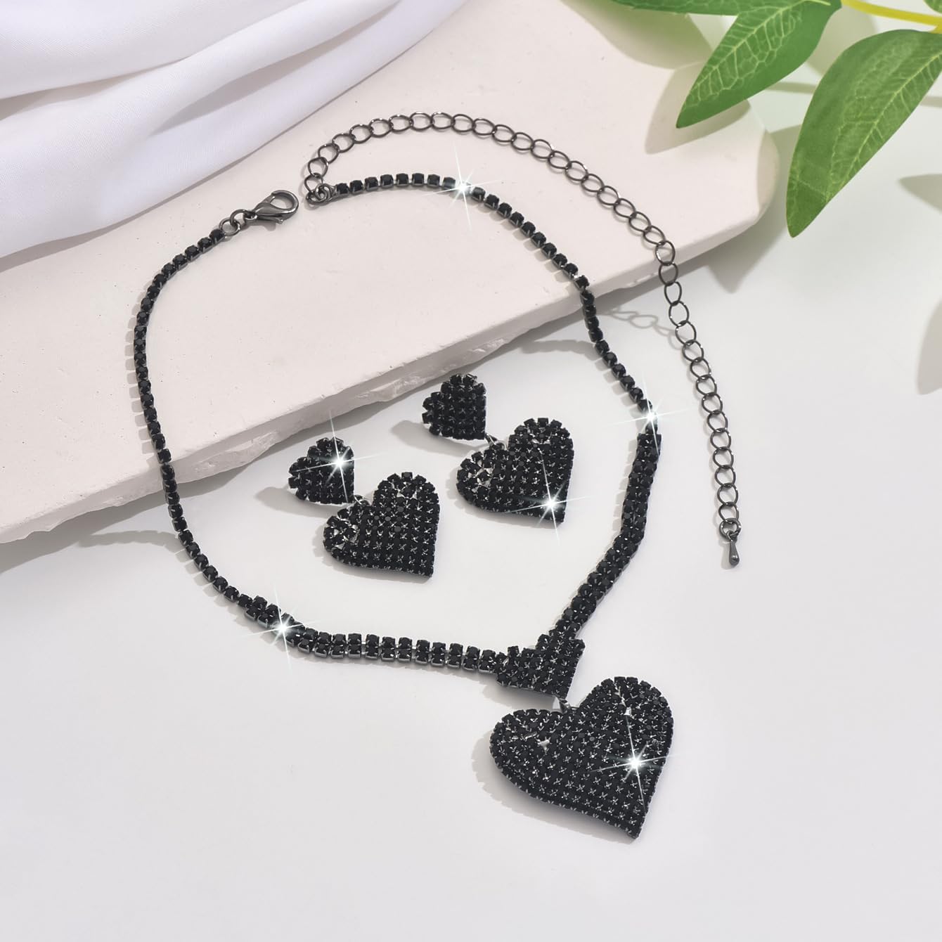JAKAWIN Black Heart Jewelry Set Rhinestone Formal Necklace Earrings Set for Women - Image 2