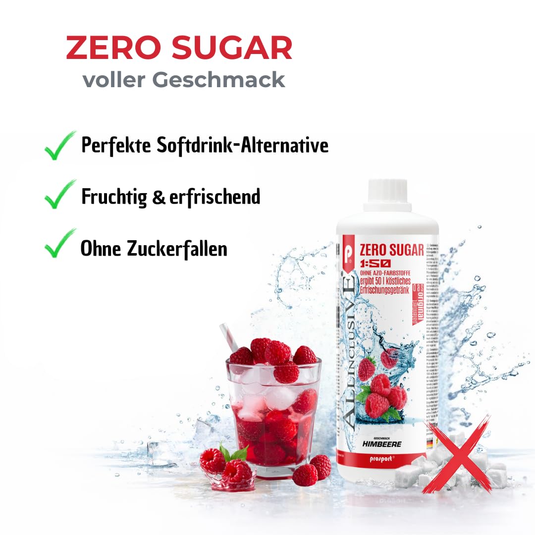 Prosport Allinclusive® Himbeere 1000ml + Dosierpumpe – ZERO SUGAR Sirup mit Vitaminen – Premium Getränkekonzentrat 1:50 – Ohne Zucker, Aspartam & Azofarbstoffe – Perfekt für Wassersprudler