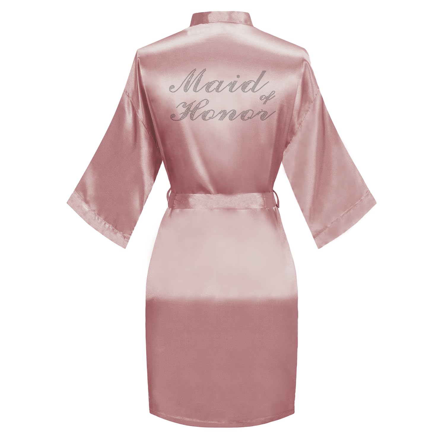 Women's Satin Robe Bride Bridesmaid Short Kimono Robes with Silver Rhinestones for Wedding Party Getting Ready