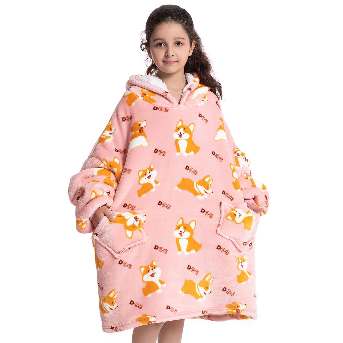 Wenlia Bluza z Kapturem Oversize - Dla Dorosłych, Dzieci, Małych Dzieci, Sherpa, Flanela, Ogromna Pluszowa, Dopasowana, Gruba, Dla Rodziny, Corgi 7-13