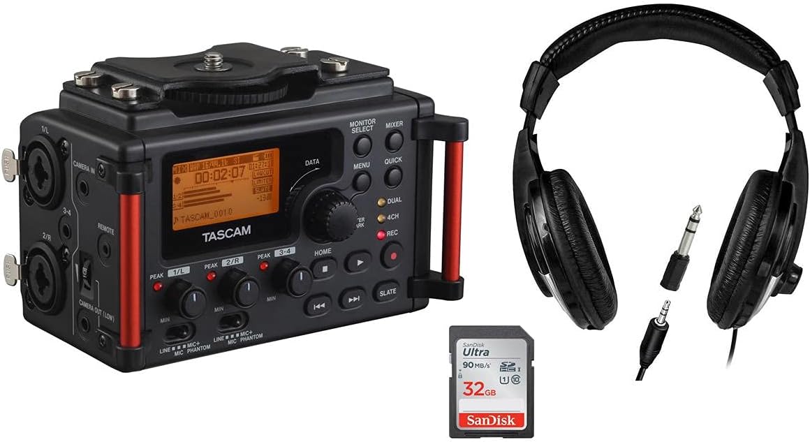 Tascam DR-60D MKII Portable Recorder for DSLR - Bundle with Studio Headphones, Memory Card