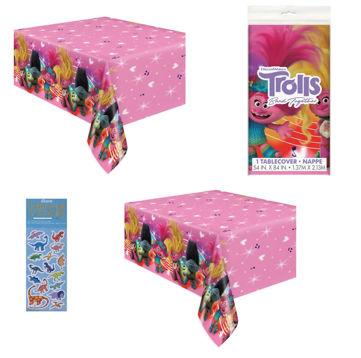 Unique Trolls Birthday Party Supplies Bundle Pack Includes 2 Plastic Table Covers 54" x 84" and 1 Dinosaur Sticker Sheet