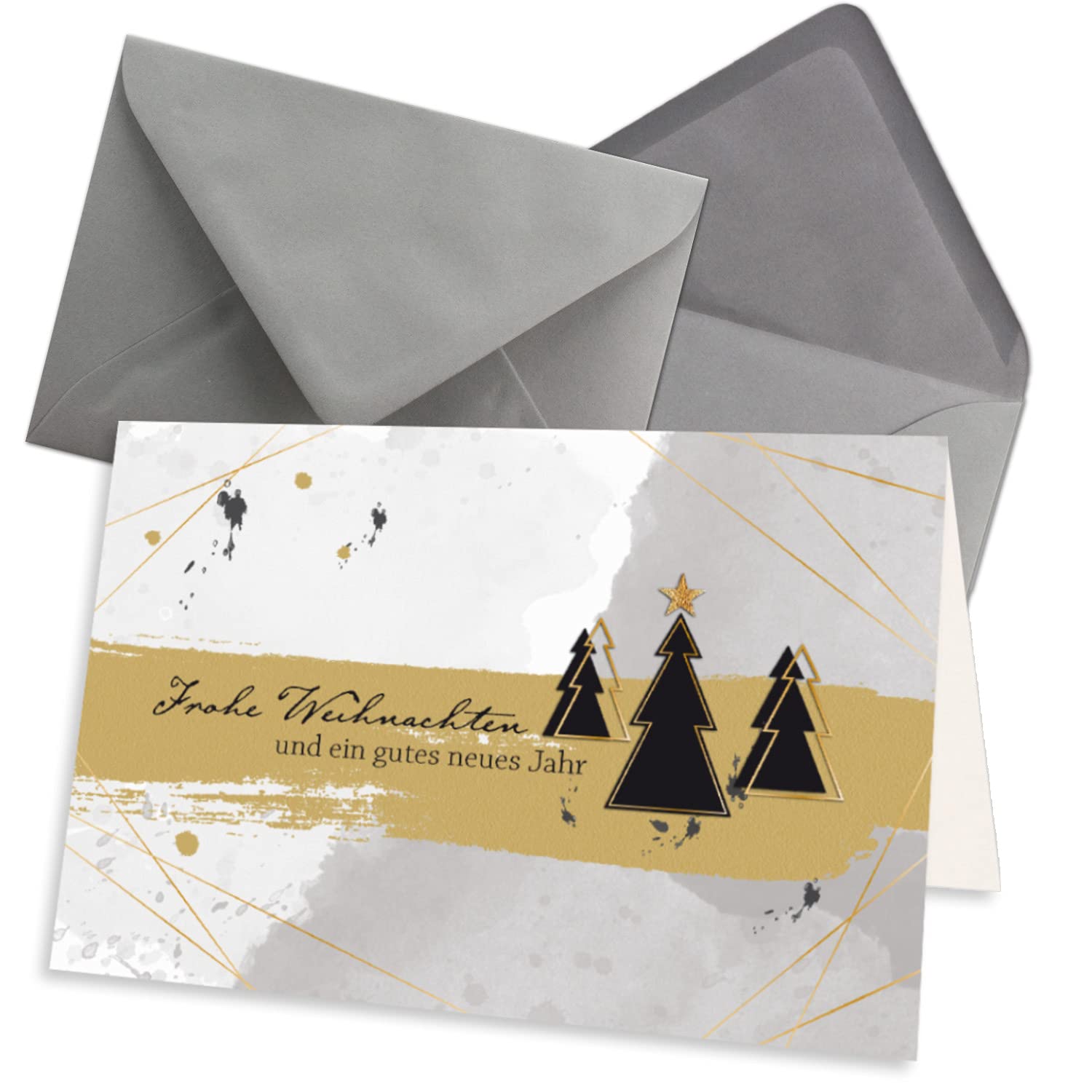 NEUSER PAPIER Juego de 75 tarjetas navideñas DIN A6 en gris con árboles de Navidad y texto - Tarjetas plegables con sobres DIN C6 grafito (gris) con cola húmeda - Felicitaciones navideñas