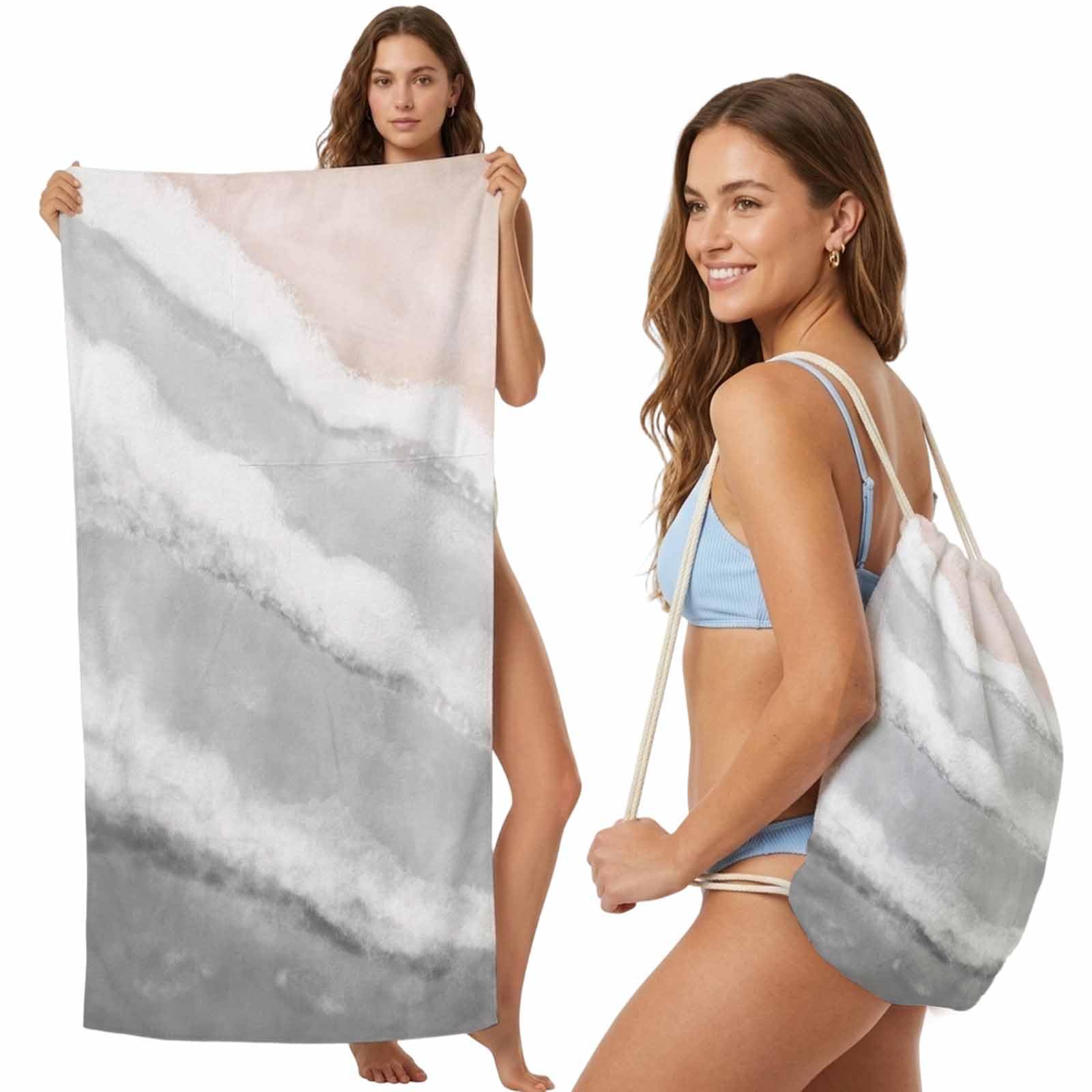 Beach Towel Bag 2 in 1 Grey Waves Bath Pool Towels Backpack Gradient Summer Sandy Beach Absorbent Beach Towel Soft Quick Dry Lightweight Packable Towels Drawstring Bag for Travel Camping Sports Picnic