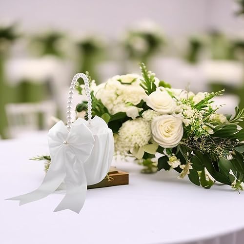 Miniatura 5 de Cesta de niña de las flores para boda con mango de perlas (marfil - lazo)