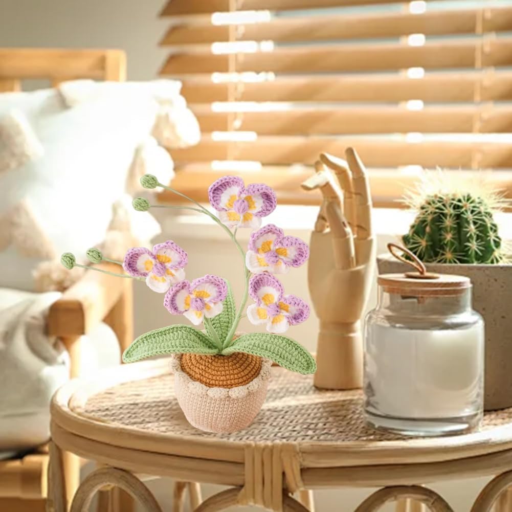 Handmade Crochet Phalaenopsis Orchid Potted Plants Knitted Artificial Orchid Phalaenopsis Flowers with Exquisite Pot for Christmas Birthday Graduation Presents for Women, Purple image 2