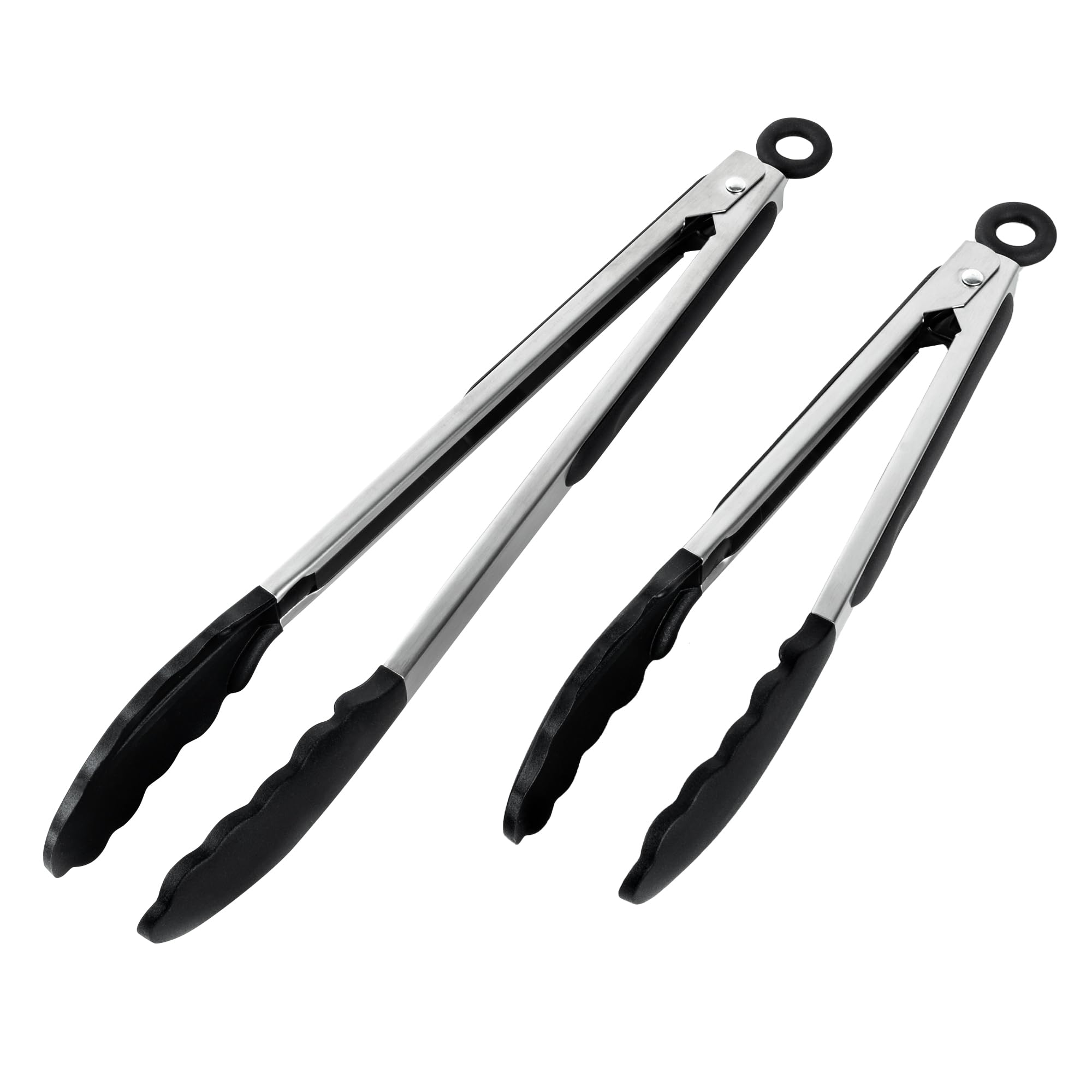 Albert Austin Pack of 2 Silicone Kitchen Tongs 9" and 12" Non-Stick Cooking Tongs with Silicone Tips Easy Grip Stainless Steel Handle Smart Lock Clip for Cooking BBQ Serving Barbecue & Salad (Black)