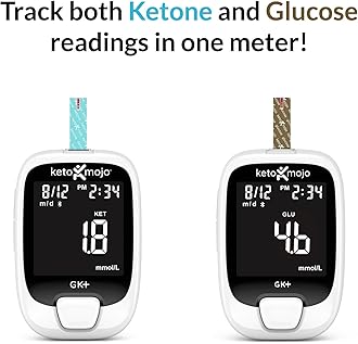 KETO-MOJO GK+ Bluetooth Glucose & Ketone Testing Kit + Free APP for Ketosis & Diabetes Support. 20 Blood Test Strips (10 Each), Meter, 20 Lancets, Lancing Device, and Control Solutions