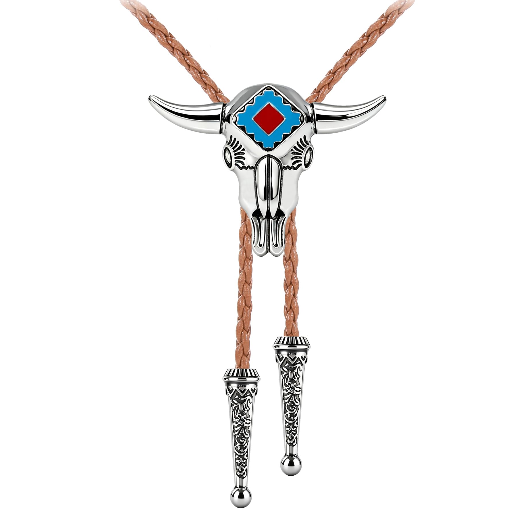 GelConnie Longhorn Bull Bolo Tie for Men Native American Western Cowboy Leather Necktie Bolo Necklace for Women Gold Texas