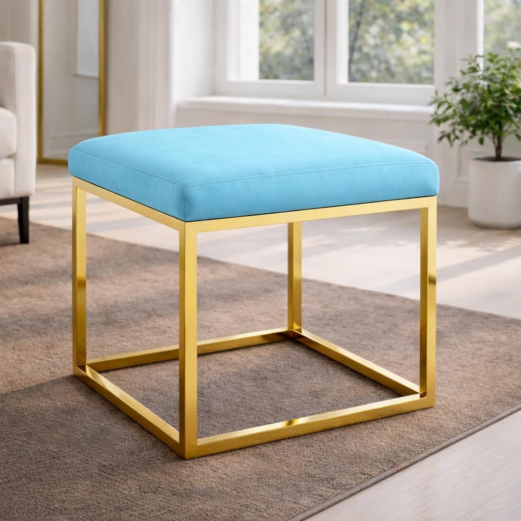 Modern Upholstered Ottoman Stool with Gold Metal Frame, Velvet Padded Seat Footrest, Square Accent Bench for Living Room, Bedroom, Vanity, Entryway (Aqua)-image-12