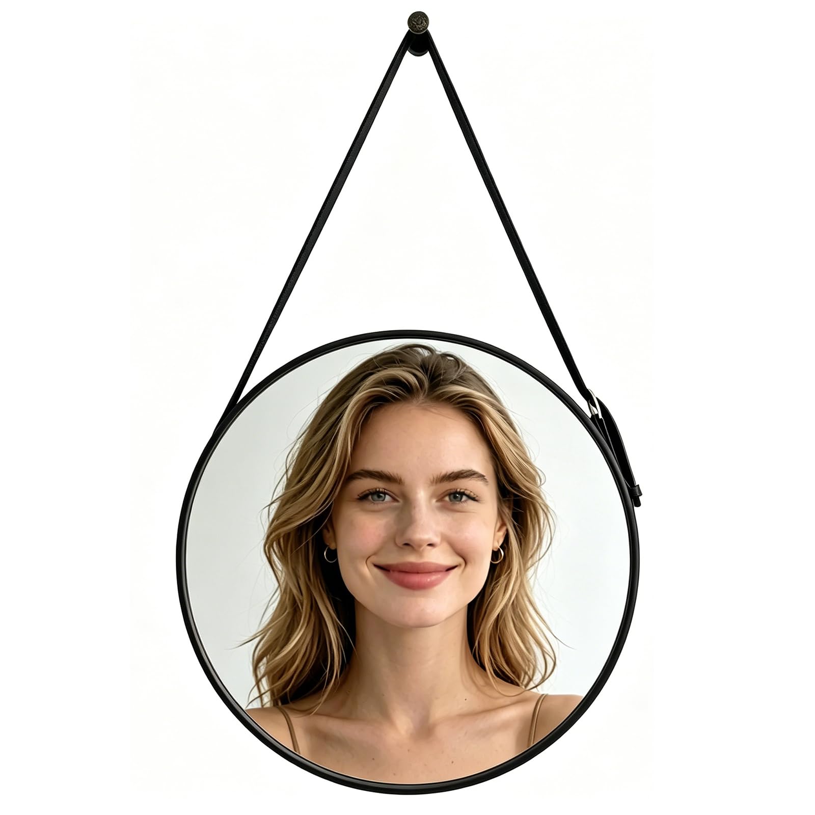 Miroir mural rond de ferme noir en verre HD et cuir véritable