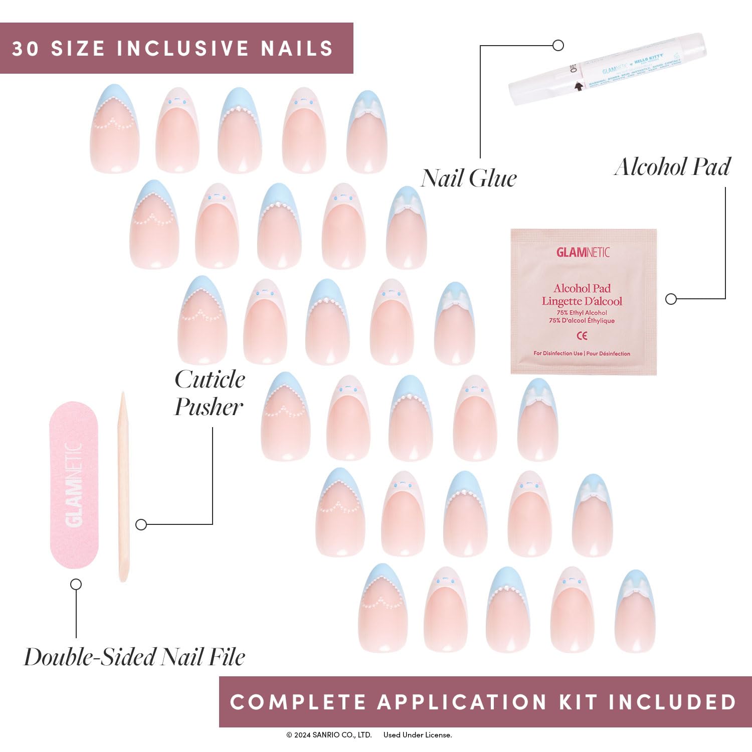 Glamnetic x Hello Kitty® and Friends Press On Nails - Cinnamoroll™ French Tip | Short Almond Blue 3D French Tip Graphic Fake Nails in a Glossy Finish | 15 Sizes - 30 Nail Kit with Glue
